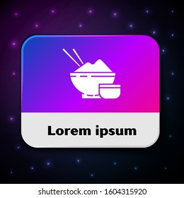 White Rice in a bowl with chopstick and sauce icon isolated on black background. Traditional Asian food. Rectangle color button. Vector Illustration