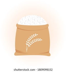 White rice in burlap sack bag icon isolated on a white background vector illustration. Cute cartoon food.