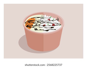 White rice with fried egg and soy sauce topping in plastic bowl container. Simple flat illustration.
