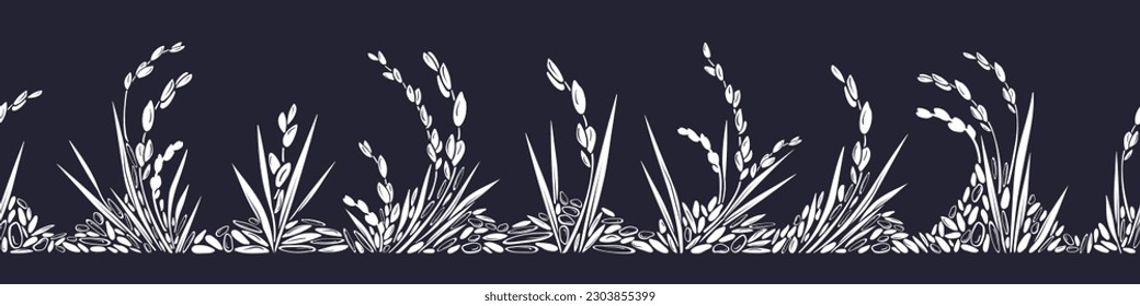 Grano de arroz blanco. Campo vector. Borde transparente sobre fondo negro. Planta gráfica. Comida asiática, leche vegana, harina sin gluten