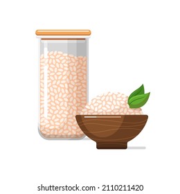 White rice in kitchen food storage container and brown wooden bowl. Closed transparent jar for dry bulk products. Vector isolated colorful illustration