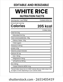 fatos de nutrição de arroz branco, fatos lavel, suplemento de arroz branco leve