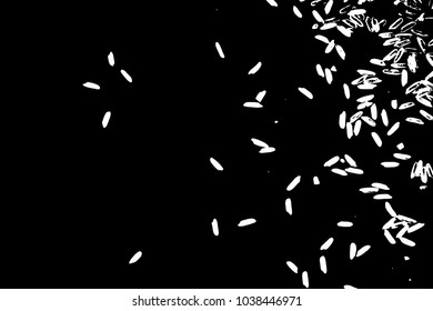 White rice on black background. Organic texture. Silhouette of rice flakes, spread on the flat surface or table. Top view. Vector.
