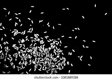 White rice on black background. Organic texture. Silhouette of rice flakes, spread on the flat surface or table. Top view. Vector.