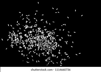White rice on black background. Organic texture. Silhouette of rice flakes, spread on the flat surface or table. Top view. Vector.
