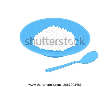 White rice on a bright blue plate with matching spoon, clean minimalist food illustration on white for menus, recipe cards, kitchen labels, cafe branding and simple packaging.