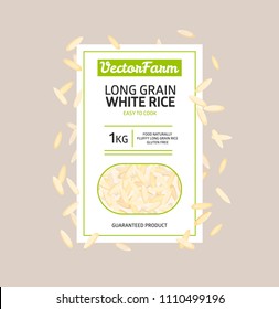 White rice package lable design. Rice product template typography.  Food long rice package design corporate ID style.