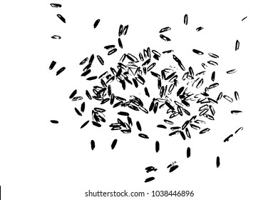 White rice random pattern background. Rice seeds on white background. Silhouette of flakes, spread on the flat surface or table. Top view. Vector.