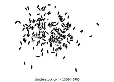 White rice random pattern background. Rice seeds on white background. Silhouette of flakes, spread on the flat surface or table. Top view. Vector.