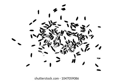 White rice random pattern background. Rice seeds on white background. Silhouette of flakes, spread on the flat surface or table. Top view. Vector.