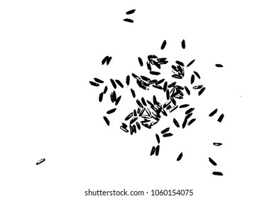 White rice random pattern background. Rice seeds on white background. Silhouette of flakes, spread on the flat surface or table. Top view. Vector.