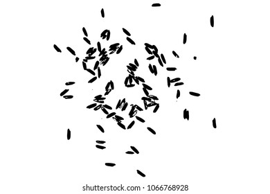 White rice random pattern background. Rice seeds on white background. Silhouette of flakes, spread on the flat surface or table. Top view. Vector.