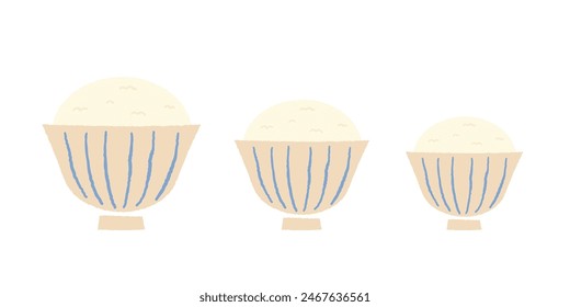 White rice served in three sizes of bowls: large, small, and medium. Flat vector isolated on white background.