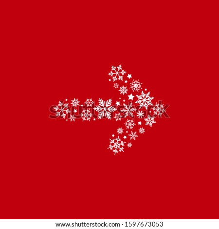 white right arrow made of snowflakes and stars. Vector icon isolated on red background. Continue icon.  Next sign. red Christmas arrow. New Year Holiday clipart