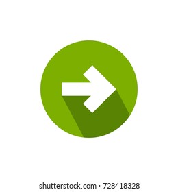 white right arrow with shadow in green circle icon. Isolated on white. Continue icon.  Next sign. East arrow.