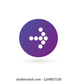 white right dotted arrow in purple gradient circle icon. Continue icon. Next sign. East arrow. Vector illustration isolated on white background.