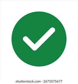 White right tick check mark icon vector on green circle over transparent background. flat style. tick icon for web site design, logo, app, UI design