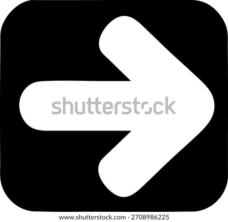 White right-pointing arrow placed on a black rounded square. Bold contrasting vector shape with clean edges.