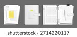 White ring binder mockup set with grid and lined paper, paperclips and yellow sticky notes. Open and closed notebook folder with dividers, lined sheet and pen. Realistic 3D diary stationery collection