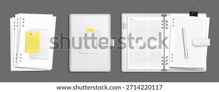 White ring binder mockup set with grid and lined paper, paperclips and yellow sticky notes. Open and closed notebook folder with dividers, lined sheet and pen. Realistic 3D diary stationery collection