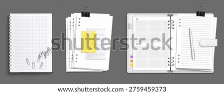 White ring binder mockup set with grid paper, colorful tabs, paperclips and notes. Open and closed notebook folder with dividers, lined sheet and pen. Realistic 3D diary stationery collection.
