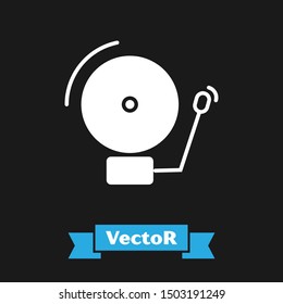 White Ringing alarm bell icon isolated on black background. Alarm symbol, service bell, handbell sign, notification symbol.  Vector Illustration