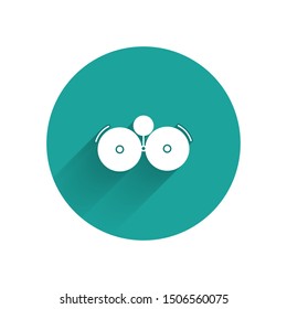 White Ringing alarm bell icon isolated with long shadow. Alarm symbol, service bell, handbell sign, notification symbol. Green circle button. Vector Illustration