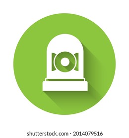 White Ringing alarm bell icon isolated with long shadow. Alarm symbol, service bell, handbell sign, notification symbol. Green circle button. Vector