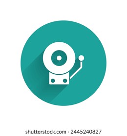 White Ringing alarm bell icon isolated with long shadow. Fire alarm system. Service bell, handbell sign, notification symbol. Green circle button. Vector