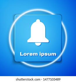 White Ringing bell icon isolated on blue background. Alarm symbol, service bell, handbell sign, notification symbol. Blue square button. Vector Illustration