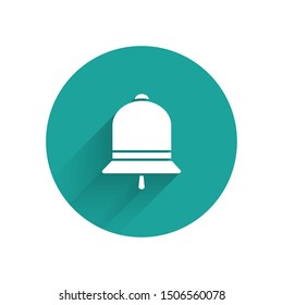 White Ringing bell icon isolated with long shadow. Alarm symbol, service bell, handbell sign, notification symbol. Green circle button. Vector Illustration
