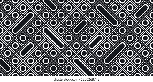 White rings in black cells of the square. Pattern seamless and vector from rings in rhombuses. Monochrome black and white pattern.