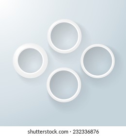 White rings different thickness with drop shadows on the grey background. 3d geometrical design. Vector illustration.