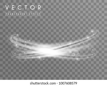 White rings with glitter on transparent background. Isolated light effect. Rotating glowing elipses.