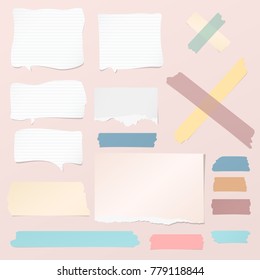 White ripped blank, colorful note, notebook paper strips, sheets, speech bubble, sticky tape for text or message stuck on pink background