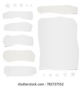 White ripped blank note paper strips and sheet for text or message stuck on white background with stars.