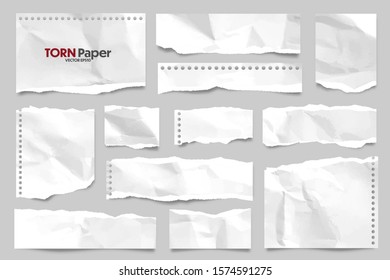 White ripped crumpled paper strips collection. Realistic paper scraps with torn edges. Sticky notes, shreds of notebook pages. Vector illustration.