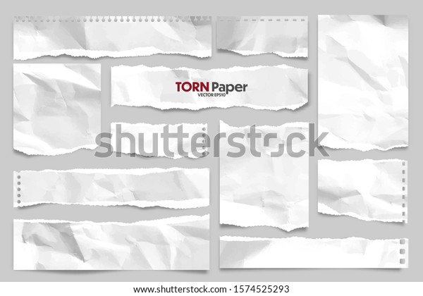 White ripped crumpled paper strips\
collection. Realistic paper scraps with torn edges. Sticky notes,\
shreds of notebook pages. Vector\
illustration.