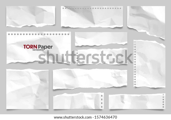 White ripped crumpled paper strips\
collection. Realistic paper scraps with torn edges. Sticky notes,\
shreds of notebook pages. Vector\
illustration.