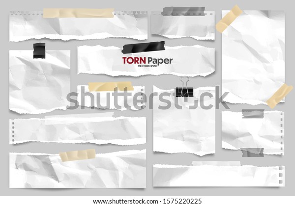 White ripped crumpled paper\
strips collection. Realistic paper scraps with torn edges and\
adhesive tape. Sticky notes, shreds of notebook pages. Vector\
illustration.