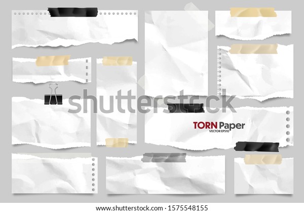 White ripped crumpled paper\
strips collection. Realistic paper scraps with torn edges and\
adhesive tape. Sticky notes, shreds of notebook pages. Vector\
illustration.