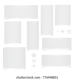 White ripped lined, blank note, notebook paper strips for text or message stuck on white background with stars