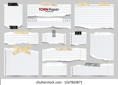 White ripped lined paper strips collection. Realistic paper scraps with torn edges and adhesive tape. Sticky notes, shreds of notebook pages. Vector illustration.