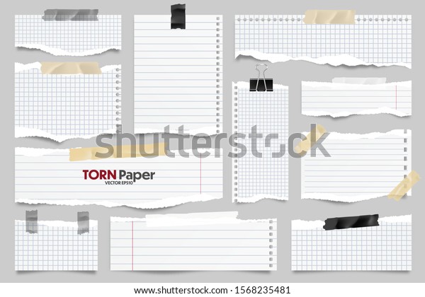 White ripped lined paper\
strips collection. Realistic paper scraps with torn edges and\
adhesive tape. Sticky notes, shreds of notebook pages. Vector\
illustration.