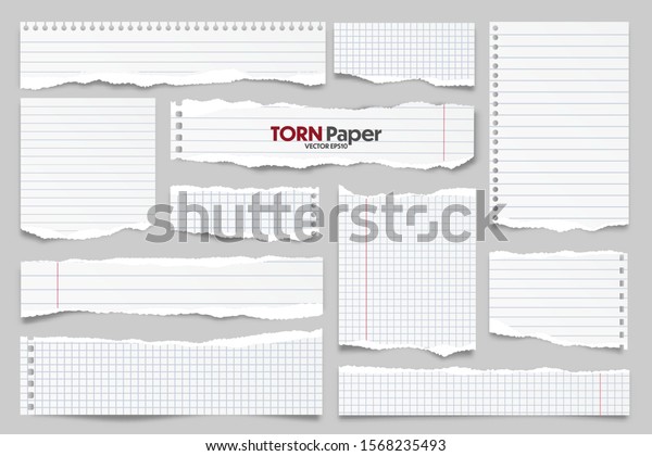 White ripped lined paper strips collection.\
Realistic paper scraps with torn edges. Sticky notes, shreds of\
notebook pages. Vector\
illustration.
