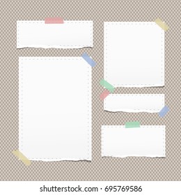 White ripped note, copybook, notebook paper with dashed line stuck on brown background.