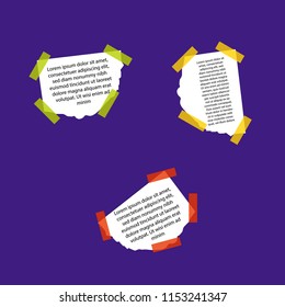 White ripped note, notebook paper stuck with sticky tape on purple background