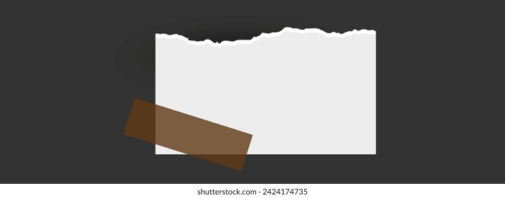 White ripped note, notebook paper stuck with sticky tape on black background.