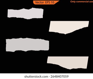 White Ripped Note and Notebook Paper with Sticky Tape on Black Background. Paper Scraps Set with Torn Pages and Grainy Strips. Original EPS 10 