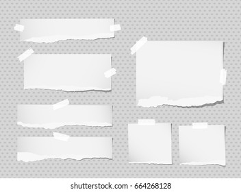 White ripped notebook, copybook sheets stuck with sticky tape on grey dotted pattern.